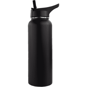 A drink bottle in matte black with a straw lid and a stainless steel finish. Features a logo on the body.