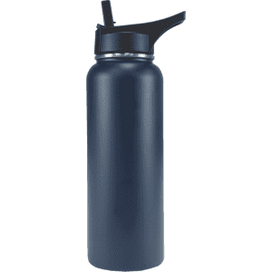 A drink bottle in navy blue with a black spout lid and a logo on the body.