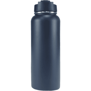 A drink bottle in navy blue with a black lid, featuring a simple design and a logo.