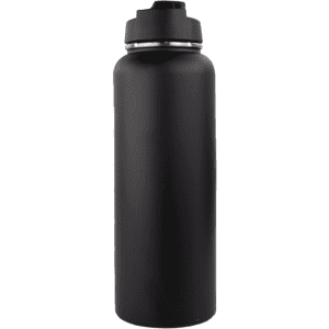 A drink bottle with a sleek black design, featuring a screw-top lid and a logo. Ideal for hydration on the go.