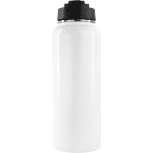 A drink bottle in white with a black lid, featuring a minimalist design and a logo on the body.