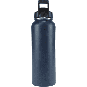 A drink bottle in navy blue with a wide mouth and a sturdy handle, featuring a logo on the front.