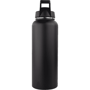 A drink bottle in matte black finish with a screw cap and a handle, featuring a logo.