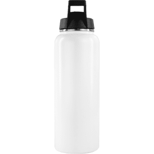 A drink bottle in white with a black lid, featuring a logo on the side. Ideal for hydration on the go.