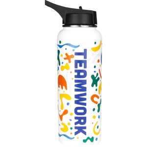 A drink bottle with a white body, colourful abstract designs, and a black cap. It features the word "TEAMWORK."