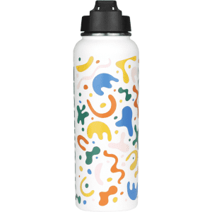 A drink bottle in white featuring a colourful abstract design, topped with a black cap. It has a branding logo.