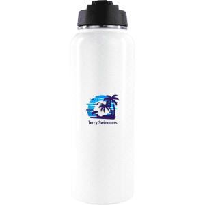 A drink bottle in white featuring a logo and design with palm trees, suitable for hydration.