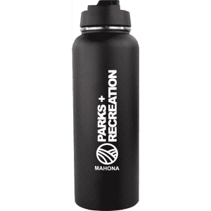 A drink bottle in matte black with a screw-top lid and a logo printed on the side.