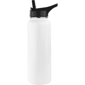 A drink bottle with a white body and black lid, featuring a straw and a logo. Ideal for hydration on the go.