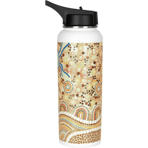 A drink bottle featuring an intricate pattern in earthy tones with a black lid and a logo.