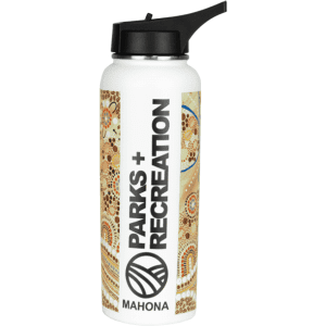 A drink bottle featuring a white body with patterned designs, a black cap, and a branding logo.