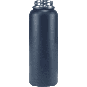 A drink bottle in a matte navy finish with a stainless steel screw cap and a logo on the front.