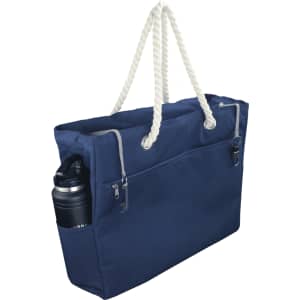 A navy waterproof beach bag with a rope handle and an external pocket for a drink bottle. It has a logo.
