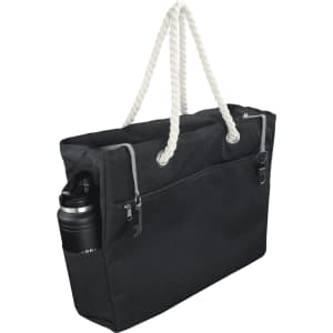 A black waterproof beach bag with rope handles and a side pocket for a drink bottle. It includes zippers and a logo.