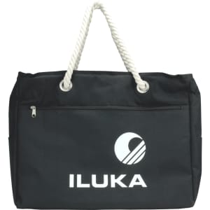 A black waterproof beach bag with a rope handle and a zip pocket, featuring a logo on the front.