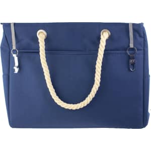 Navy waterproof beach bag with a rope handle and silver clasps, featuring two external pockets.