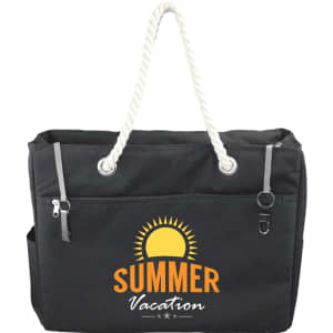 A black waterproof beach bag with a rope handle and a sun graphic, featuring zipped and open pockets.