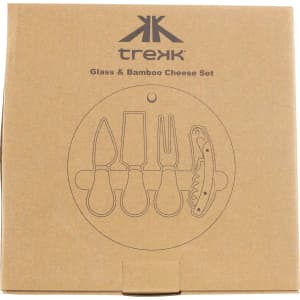 A bamboo cheese set with glass and bamboo utensils, packaged in a brown box with a logo and illustrations.