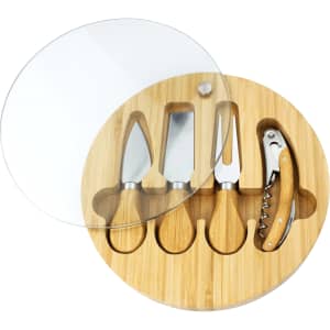A round bamboo cheese board featuring a glass cover and four stainless steel cheese knives with wooden handles.