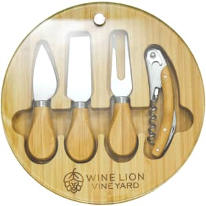 A round bamboo cheese board set featuring three cheese knives and a corkscrew, all with wooden handles.