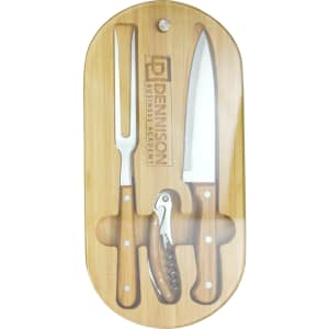 A bamboo knife set featuring a carving fork, chef's knife, and paring knife, displayed in an oval holder with a logo.
