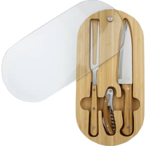 A bamboo oval knife set featuring silver stainless steel knives and a corkscrew, encased with a clear protective cover.