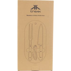 A bamboo and glass knife set in eco-friendly packaging, featuring a knife, fork, and a multi-tool. Includes branding.