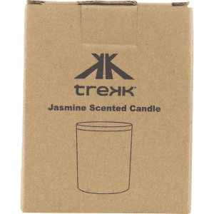 A brown cardboard box containing a white jasmine scented candle. The box features branding.