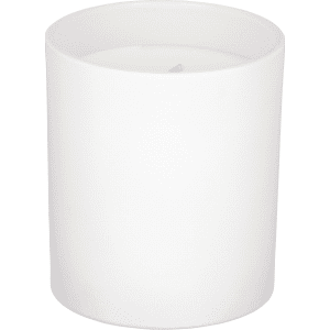A white scented candle in a simple glass container, featuring soy wax and a single wick.