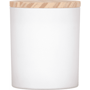 A white scented candle with soy wax, featuring a wooden lid. The candle is simple and elegant in design.