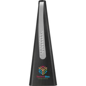 A black, triangular insect repellent fan featuring a silver accent and a multicoloured logo.
