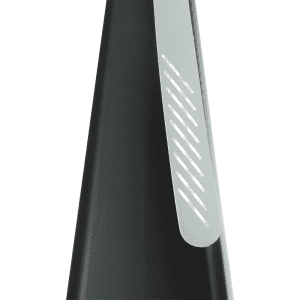 A black fan with a silver side accent, featuring a sleek, conical design. It includes a logo on the surface.