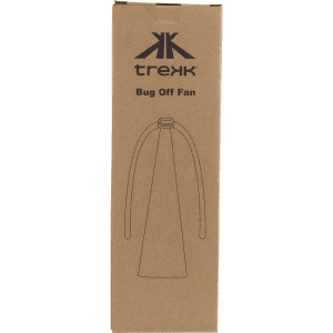 A portable fan in a cardboard box with a simple design. The product has a logo on the packaging.