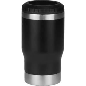 A drink bottle with a sleek black exterior and stainless steel base, featuring an integrated cooler design.