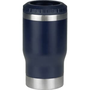A drink bottle featuring a navy finish with a stainless steel base and a textured top, including a logo.
