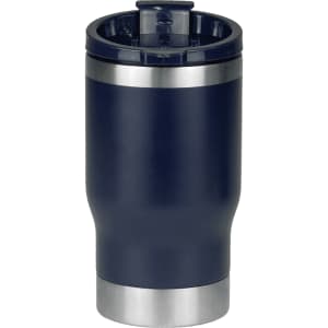 A drink bottle featuring a navy finish with a stainless steel base and a removable lid, including a logo.