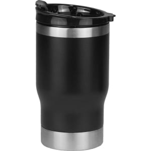 A drink bottle featuring a sleek black body with a stainless steel base and a black lid, complete with a logo.