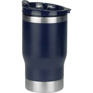 A drink bottle in navy blue with a stainless steel base, designed as a 2-in-1 tumbler cooler. Features a logo.