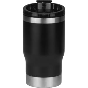 A drink bottle featuring a sleek black body with a stainless steel base, designed as a tumbler cooler.