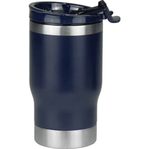 A drink bottle in navy blue with a stainless steel base and a flip-top lid. It features a logo.