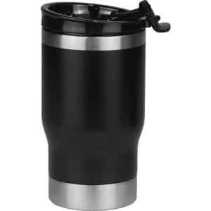 A black 350ml tumbler cooler featuring a stainless steel base and a lid with a spout. Includes branding.