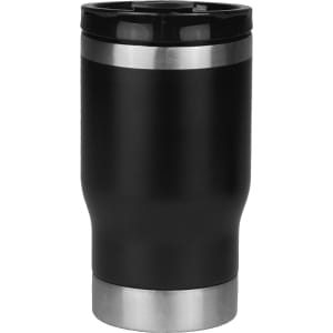 A drink bottle featuring a black finish with a stainless steel base and a removable lid, showcasing a sleek design.