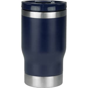 A drink bottle featuring a navy blue exterior with a silver base and a lid for a tumbler cooler.