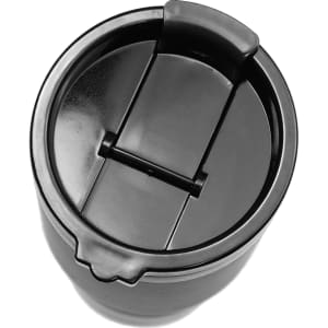 A drink bottle with a black finish, featuring a flip-top lid and a sleek, minimalist design.