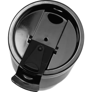 A drink bottle in black with a secure lid and spout. Features a logo on the side. Ideal for beverages.