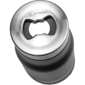 A drink bottle featuring a stainless steel top and a sleek black body, designed as a 2-in-1 tumbler cooler with a logo.