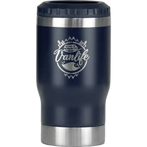 A drink bottle in navy blue with a stainless steel base and a logo featuring a van and mountains.