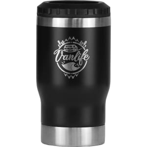 A drink bottle featuring a black exterior with a stainless steel base and a logo. It has a sleek, modern design.