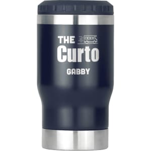 A drink bottle with a dark blue finish and a stainless steel base, featuring a logo.