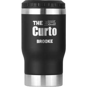 A drink bottle in matte black with a silver base, featuring a logo and smooth design. Ideal for beverages on the go.